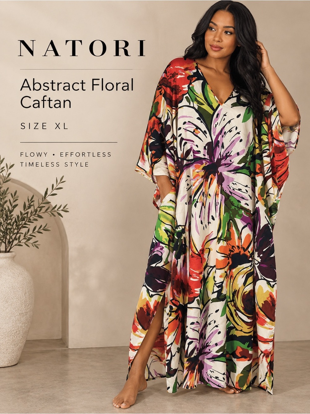 Natori Abstract Floral Caftan Maxi Dress XL Kimono Sleeve Colorful Lounge Resort